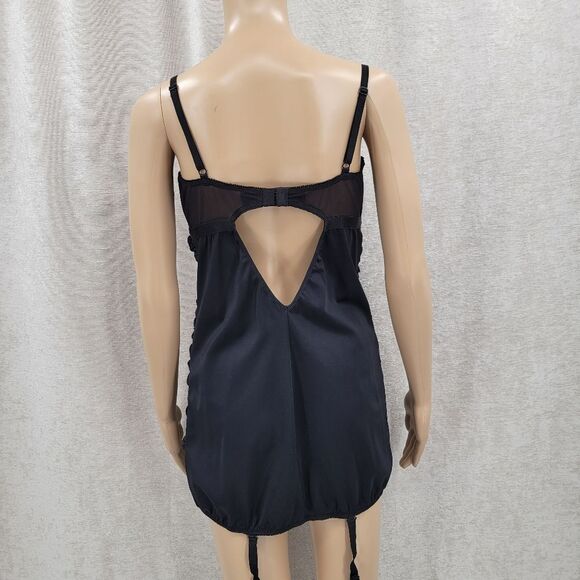 Frederick's of Hollywood Y2K Black Red Ruched Lace Chemise Mini Dress Garters - Picture 8 of 13